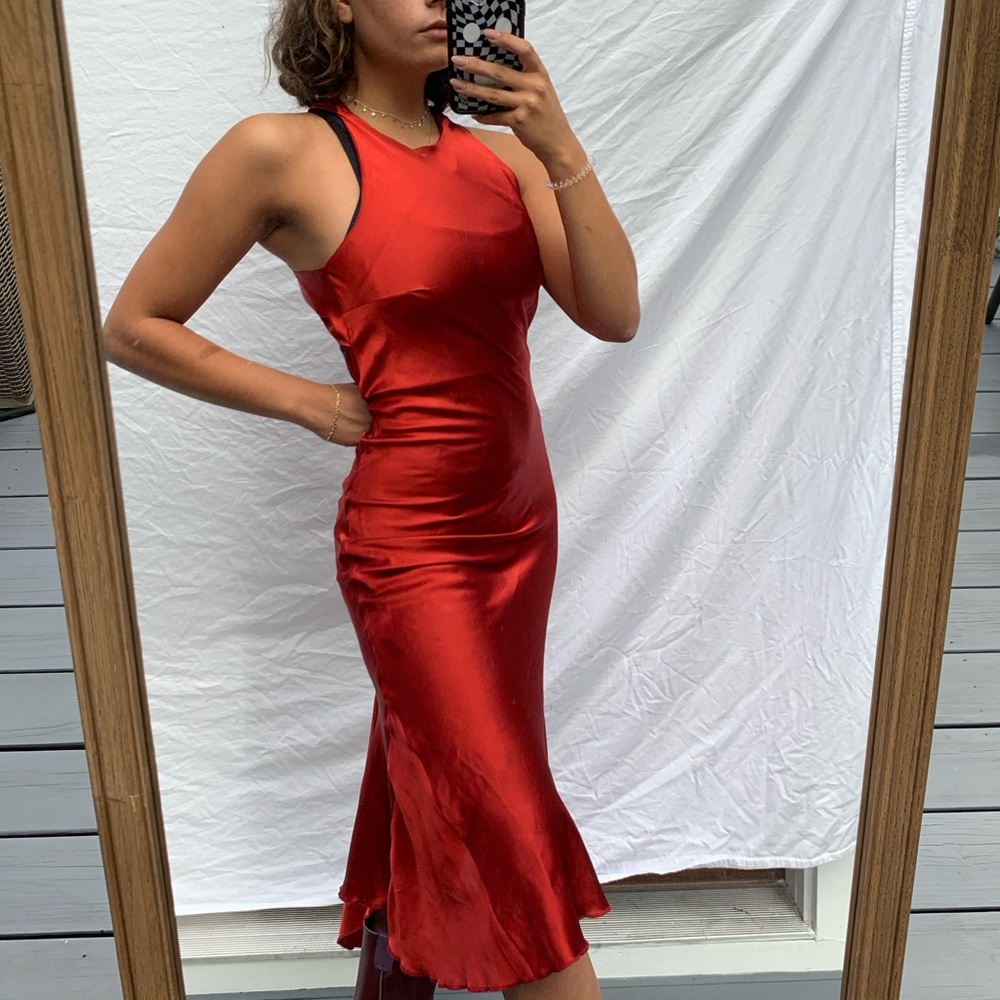 vintage silky red open back midi dress